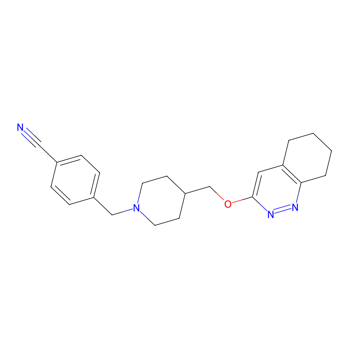 4-((4-(((5,6,7,8-Tetrahydrocinnolin-3-yl)oxy)methyl)piperidin-1-yl)methyl)benzonitrile molecular structure, CAS 2320503-38-4