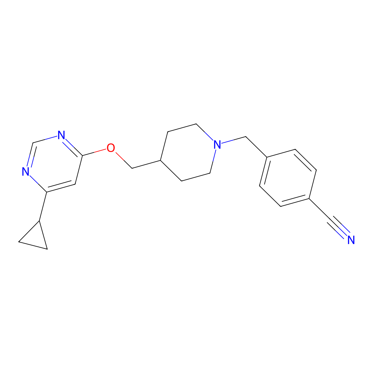 4-((4-(((6-Cyclopropylpyrimidin-4-yl)oxy)methyl)piperidin-1-yl)methyl)benzonitrile molecular structure, CAS 2320503-89-5