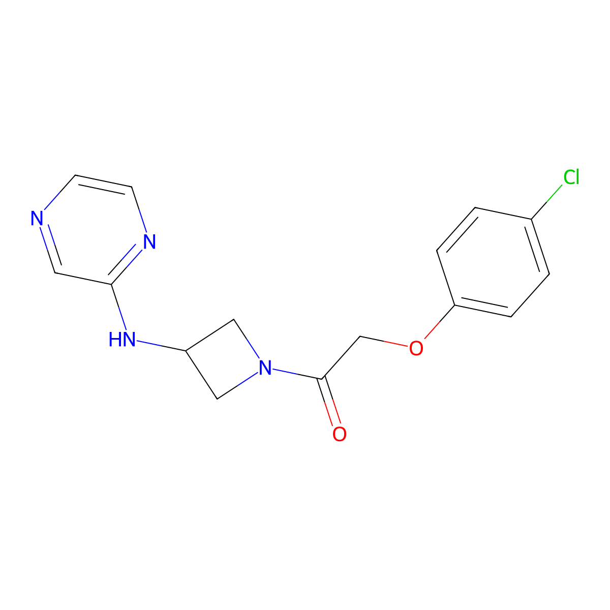 2-(4-Chlorophenoxy)-1-(3-(pyrazin-2-ylamino)azetidin-1-yl)ethan-1-one molecular structure, CAS 2320505-06-2
