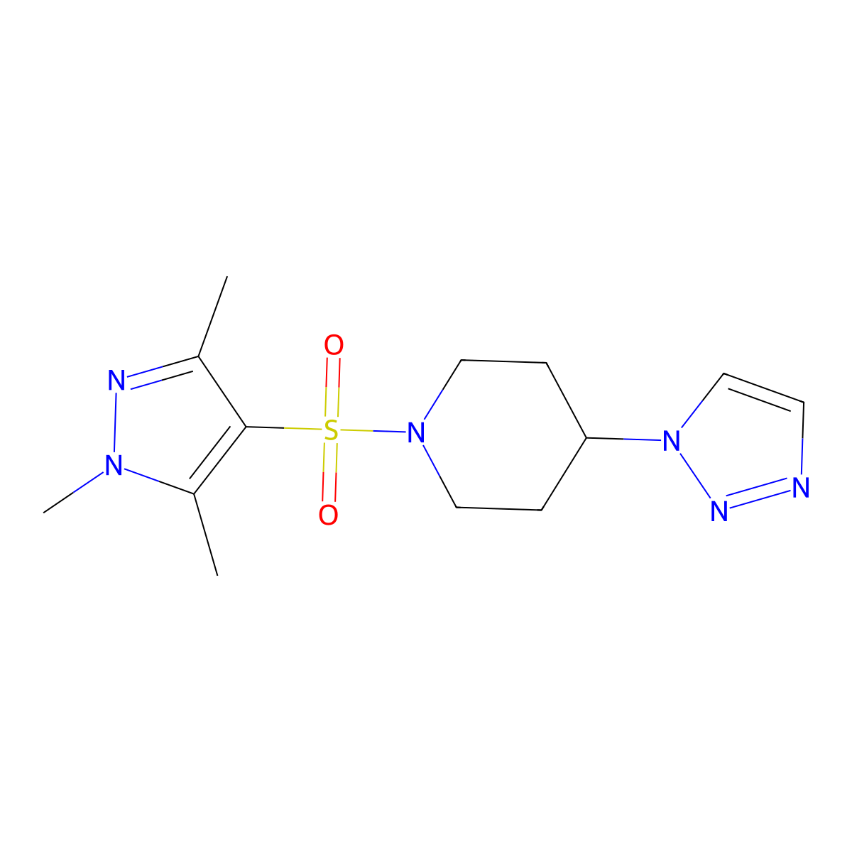 4-(1H-1,2,3-triazol-1-yl)-1-[(1,3,5-trimethyl-1H-pyrazol-4-yl)sulfonyl]piperidine molecular structure, CAS 2320505-14-2