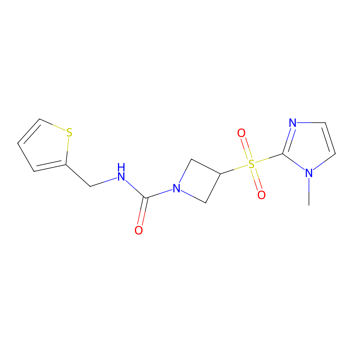 3-((1-methyl-1H-imidazol-2-yl)sulfonyl)-N-(thiophen-2-ylmethyl)azetidine-1-carboxamide molecular structure, CAS 2320505-38-0