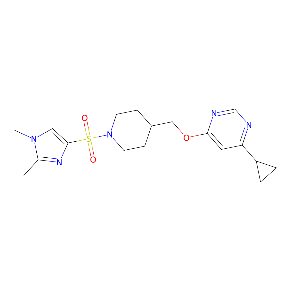 4-cyclopropyl-6-((1-((1,2-dimethyl-1H-imidazol-4-yl)sulfonyl)piperidin-4-yl)methoxy)pyrimidine molecular structure, CAS 2320505-98-2