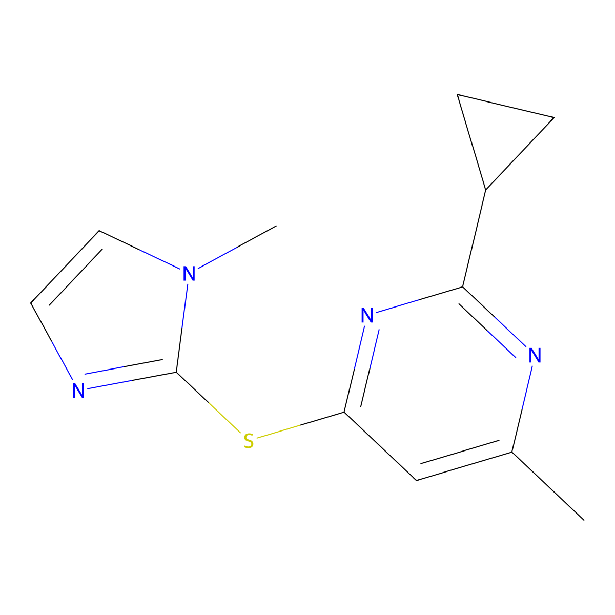 2-cyclopropyl-4-methyl-6-[(1-methyl-1H-imidazol-2-yl)sulfanyl]pyrimidine molecular structure, CAS 2320514-23-4