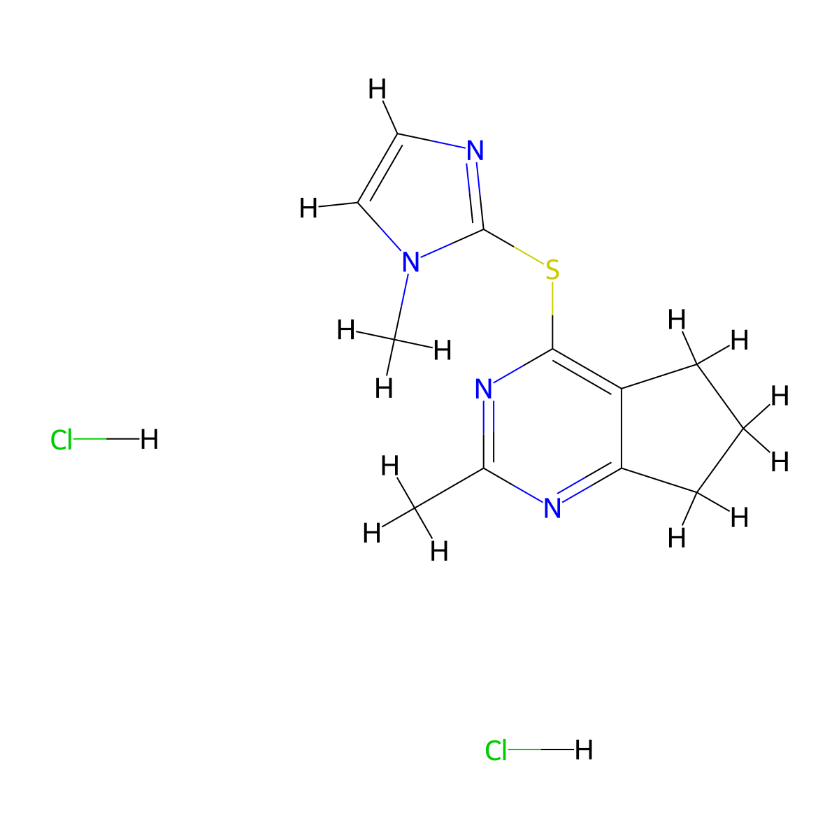2-methyl-4-((1-methyl-1H-imidazol-2-yl)thio)-6,7-dihydro-5H-cyclopenta[d]pyrimidine dihydrochloride molecular structure, CAS 2320514-33-6