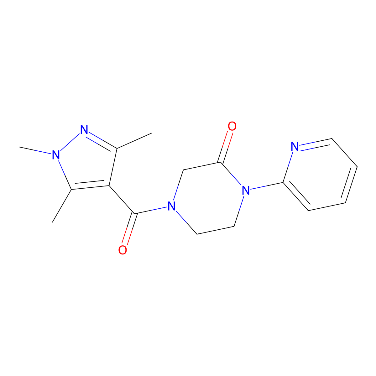 1-(pyridin-2-yl)-4-(1,3,5-trimethyl-1H-pyrazole-4-carbonyl)piperazin-2-one molecular structure, CAS 2320514-95-0