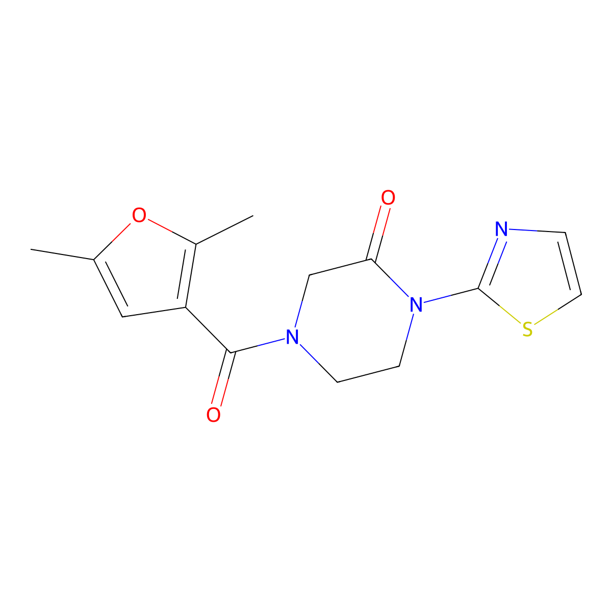 4-(2,5-Dimethylfuran-3-carbonyl)-1-(1,3-thiazol-2-yl)piperazin-2-one molecular structure, CAS 2320515-76-0
