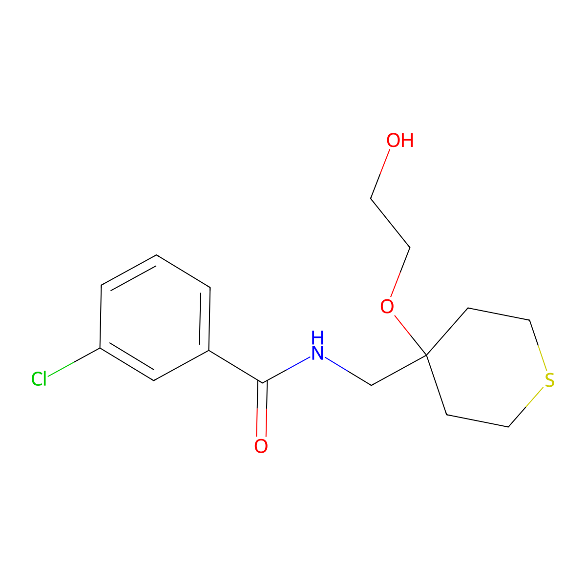 3-chloro-N-{[4-(2-hydroxyethoxy)thian-4-yl]methyl}benzamide molecular structure, CAS 2320515-89-5