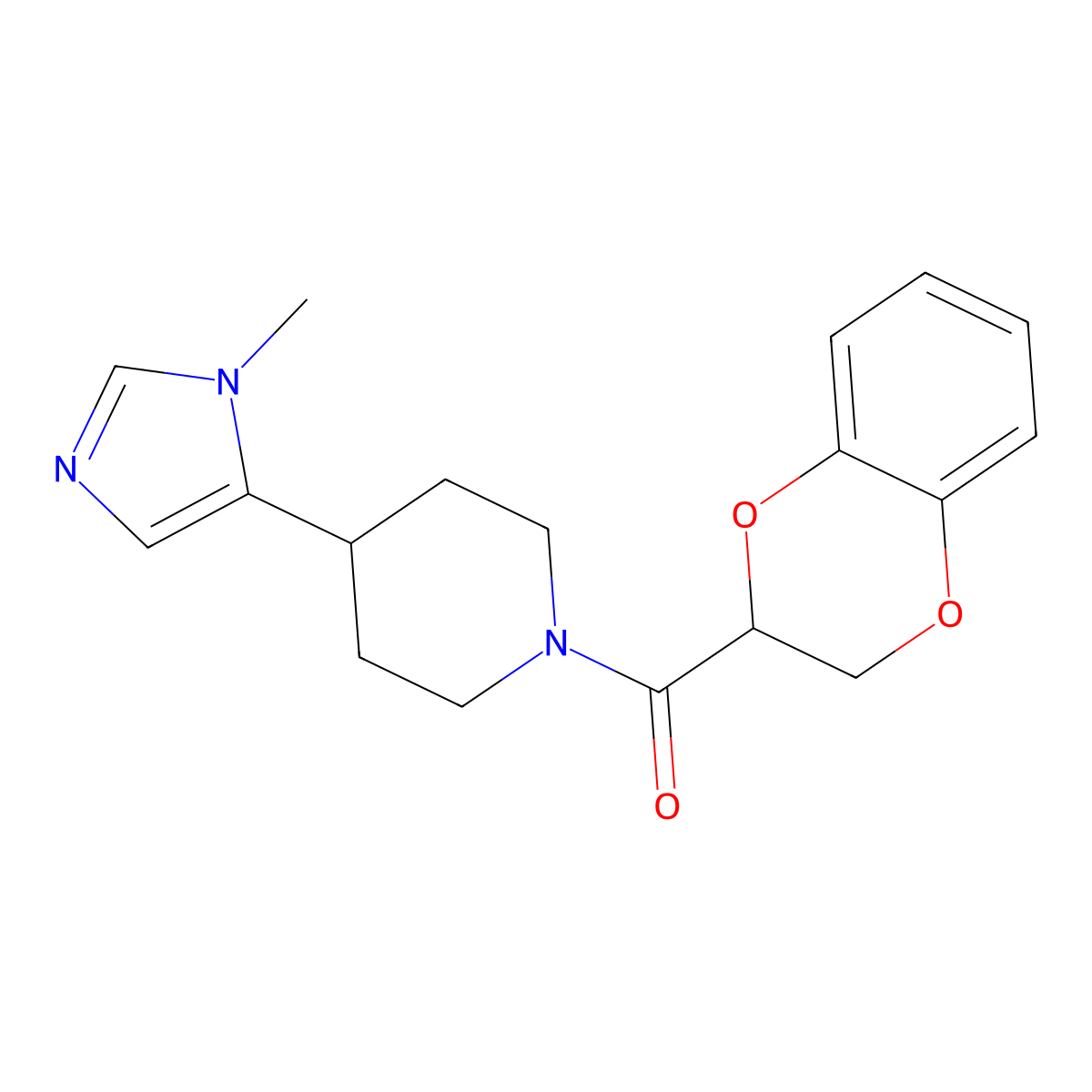 1-(2,3-dihydro-1,4-benzodioxine-2-carbonyl)-4-(1-methyl-1H-imidazol-5-yl)piperidine molecular structure, CAS 2320518-89-4