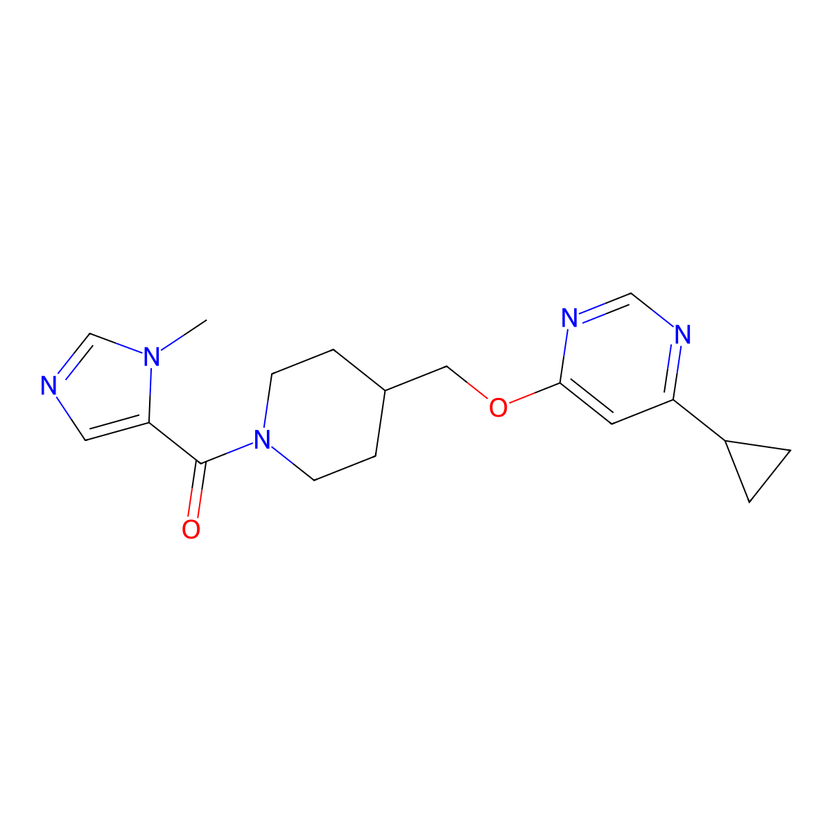 4-cyclopropyl-6-{[1-(1-methyl-1H-imidazole-5-carbonyl)piperidin-4-yl]methoxy}pyrimidine molecular structure, CAS 2320519-34-2