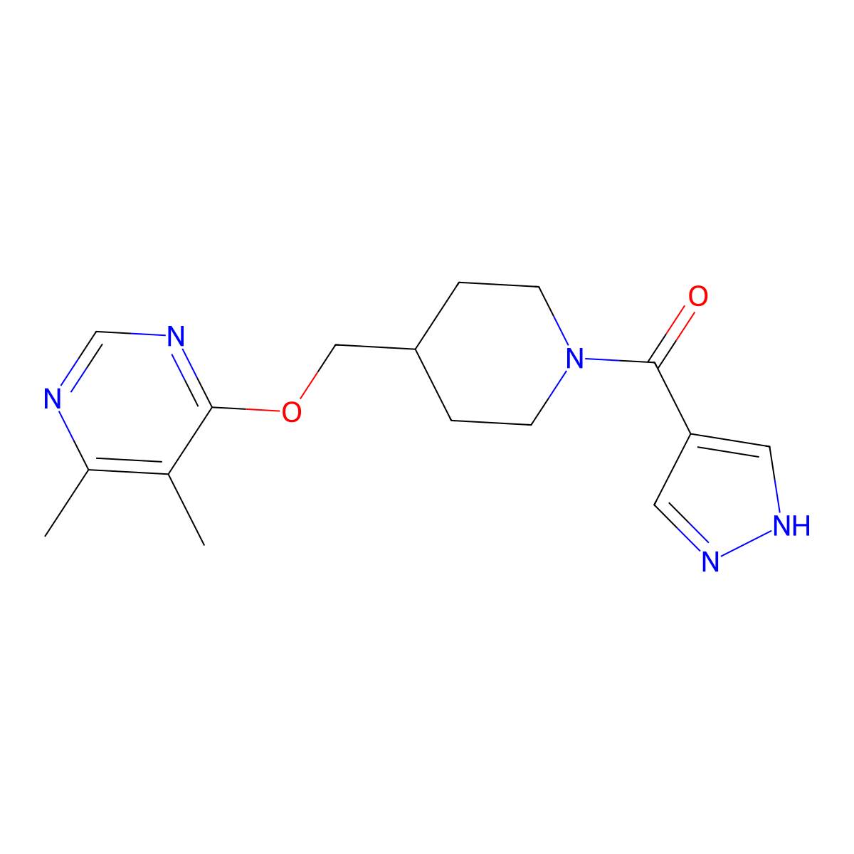 4,5-dimethyl-6-{[1-(1H-pyrazole-4-carbonyl)piperidin-4-yl]methoxy}pyrimidine molecular structure, CAS 2320524-08-9