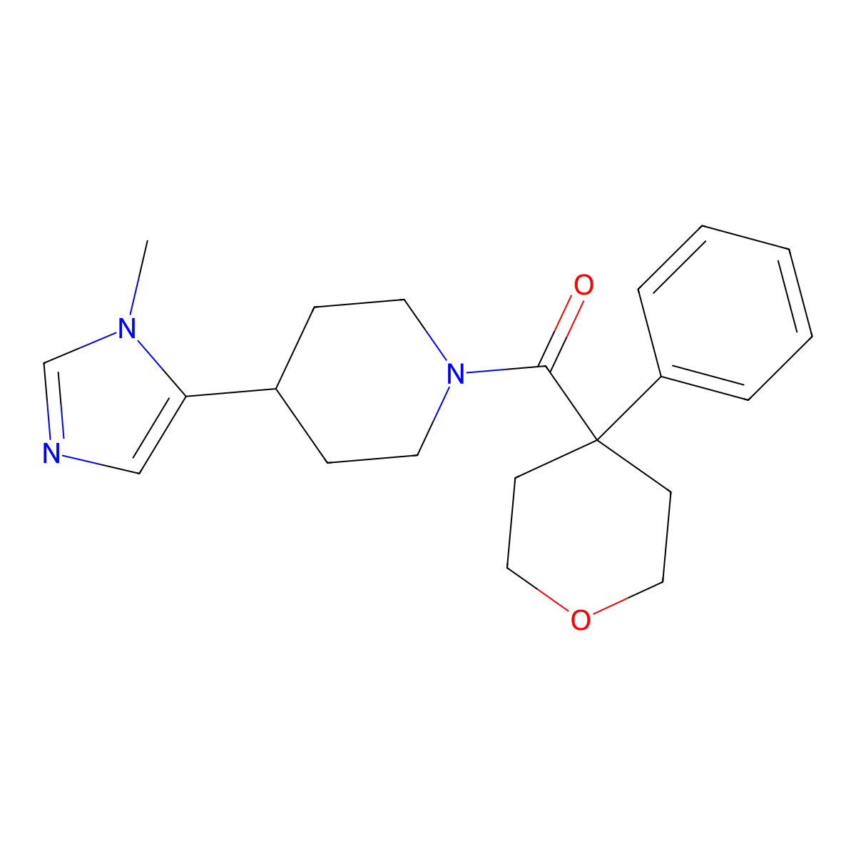 4-(1-methyl-1H-imidazol-5-yl)-1-(4-phenyloxane-4-carbonyl)piperidine molecular structure, CAS 2320524-78-3