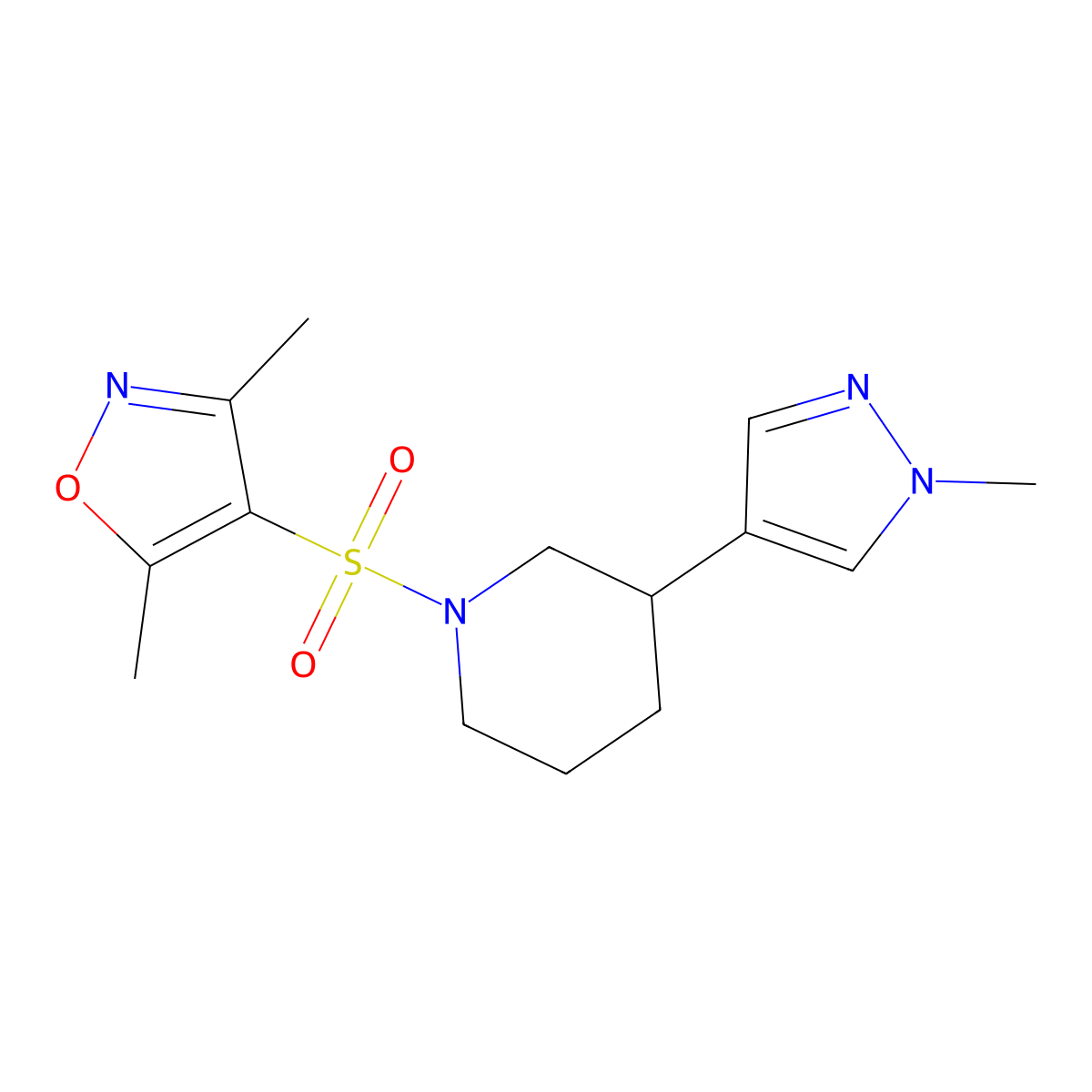 3,5-dimethyl-4-((3-(1-methyl-1H-pyrazol-4-yl)piperidin-1-yl)sulfonyl)isoxazole molecular structure, CAS 2320525-26-4