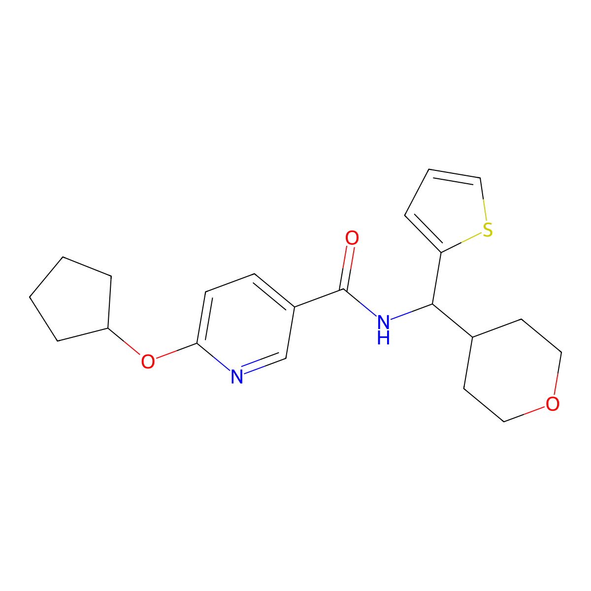 6-(cyclopentyloxy)-N-[(oxan-4-yl)(thiophen-2-yl)methyl]pyridine-3-carboxamide molecular structure, CAS 2320532-73-6