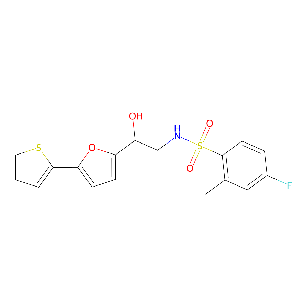 4-Fluoro-N-[2-hydroxy-2-(5-thiophen-2-ylfuran-2-yl)ethyl]-2-methylbenzenesulfonamide molecular structure, CAS 2320534-88-9