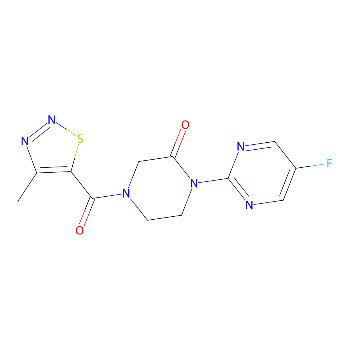 1-(5-Fluoropyrimidin-2-yl)-4-(4-methyl-1,2,3-thiadiazole-5-carbonyl)piperazin-2-one molecular structure, CAS 2320535-66-6
