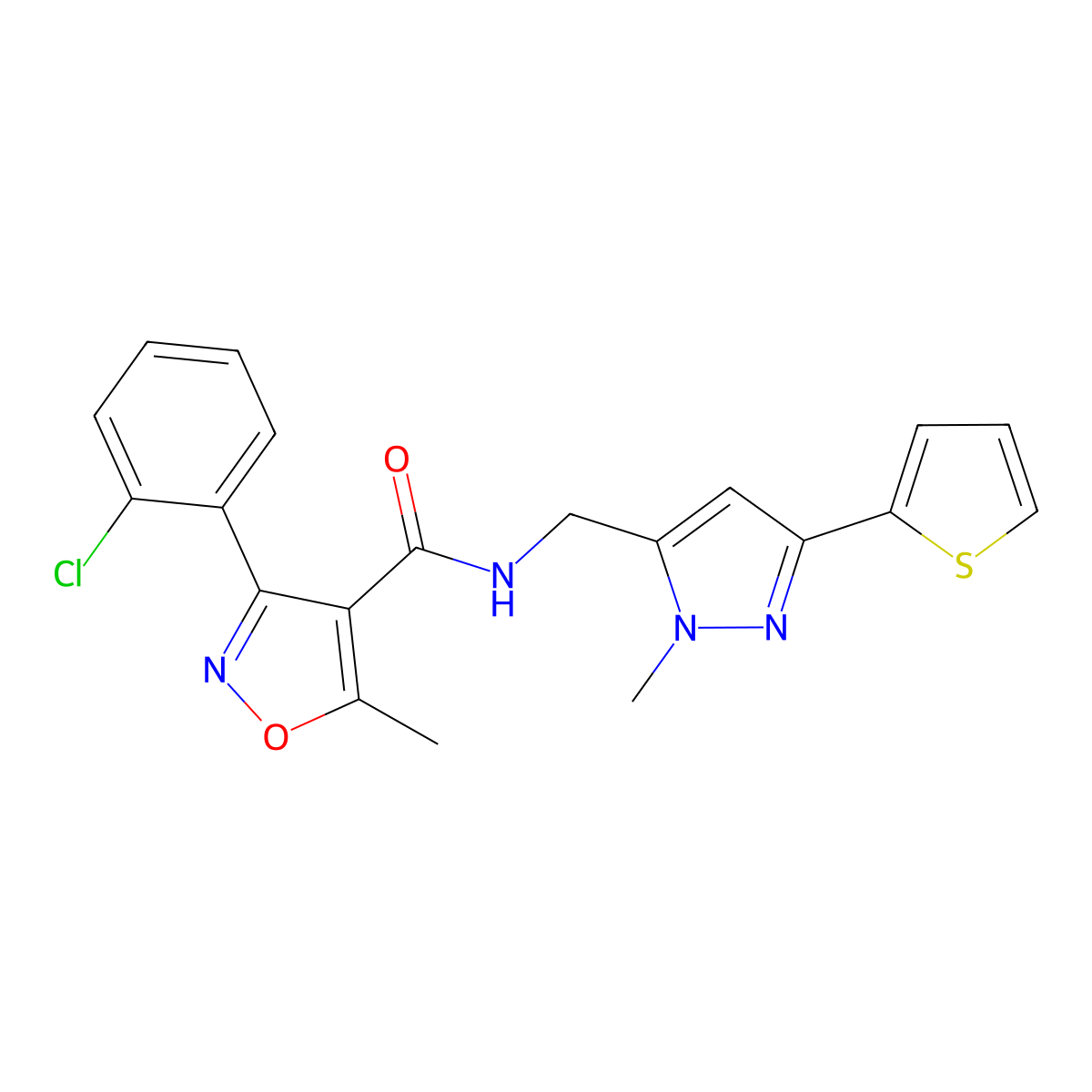 3-(2-chlorophenyl)-5-methyl-N-{[1-methyl-3-(thiophen-2-yl)-1H-pyrazol-5-yl]methyl}-1,2-oxazole-4-carboxamide molecular structure, CAS 2320535-79-1