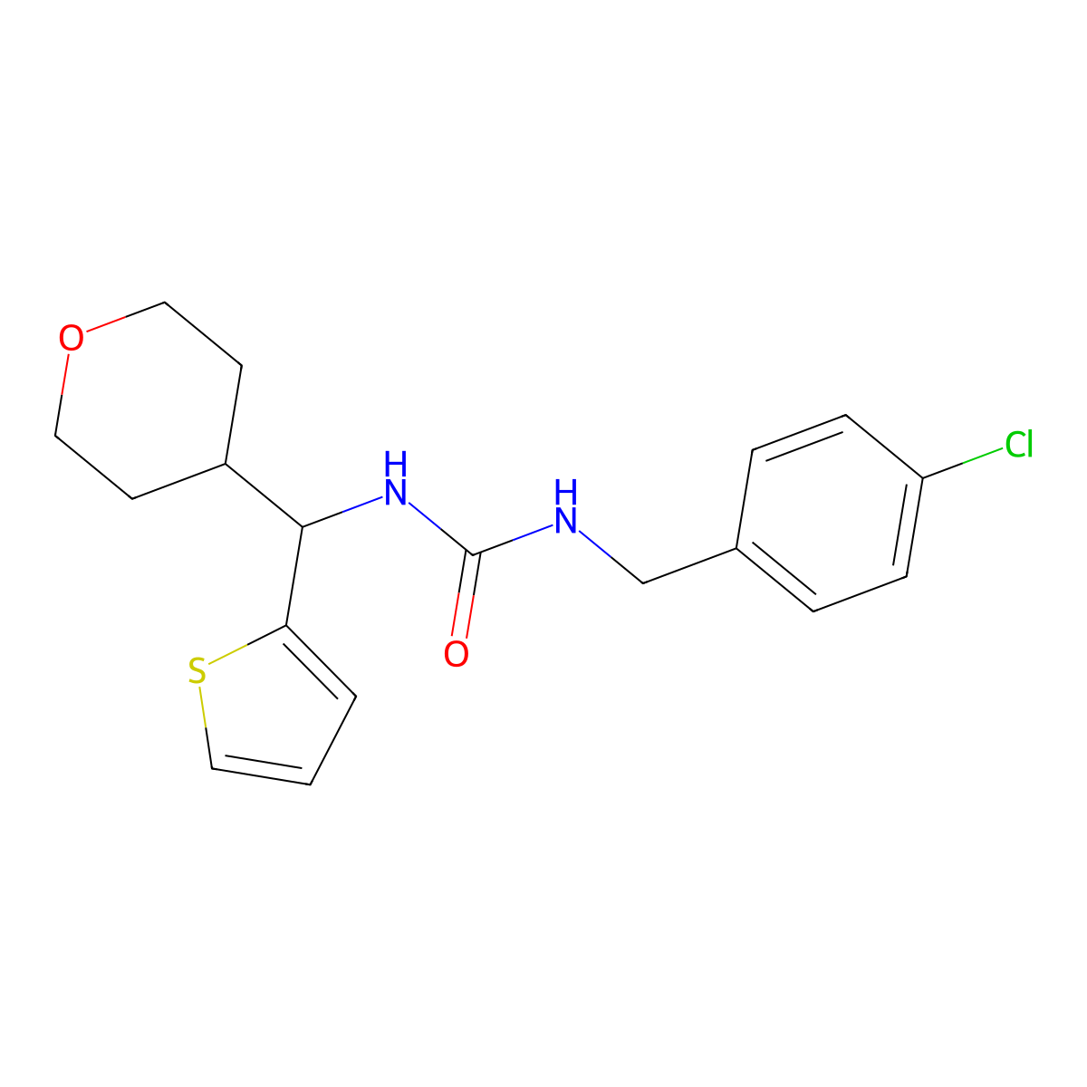 1-[(4-Chlorophenyl)methyl]-3-[(oxan-4-yl)(thiophen-2-yl)methyl]urea molecular structure, CAS 2320536-40-9