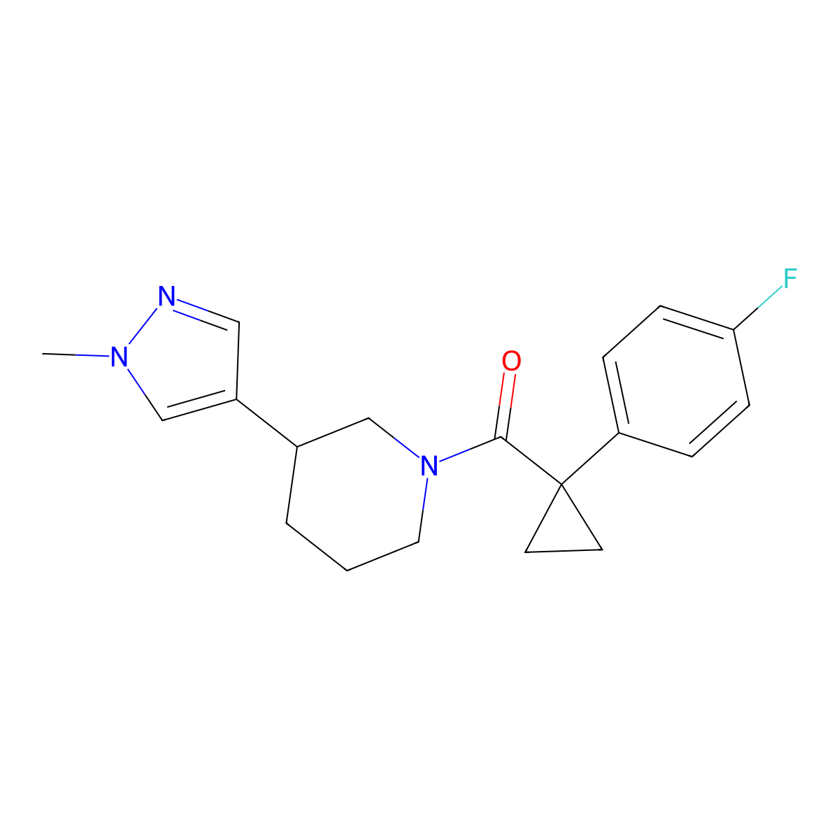 1-[1-(4-fluorophenyl)cyclopropanecarbonyl]-3-(1-methyl-1H-pyrazol-4-yl)piperidine molecular structure, CAS 2320536-44-3