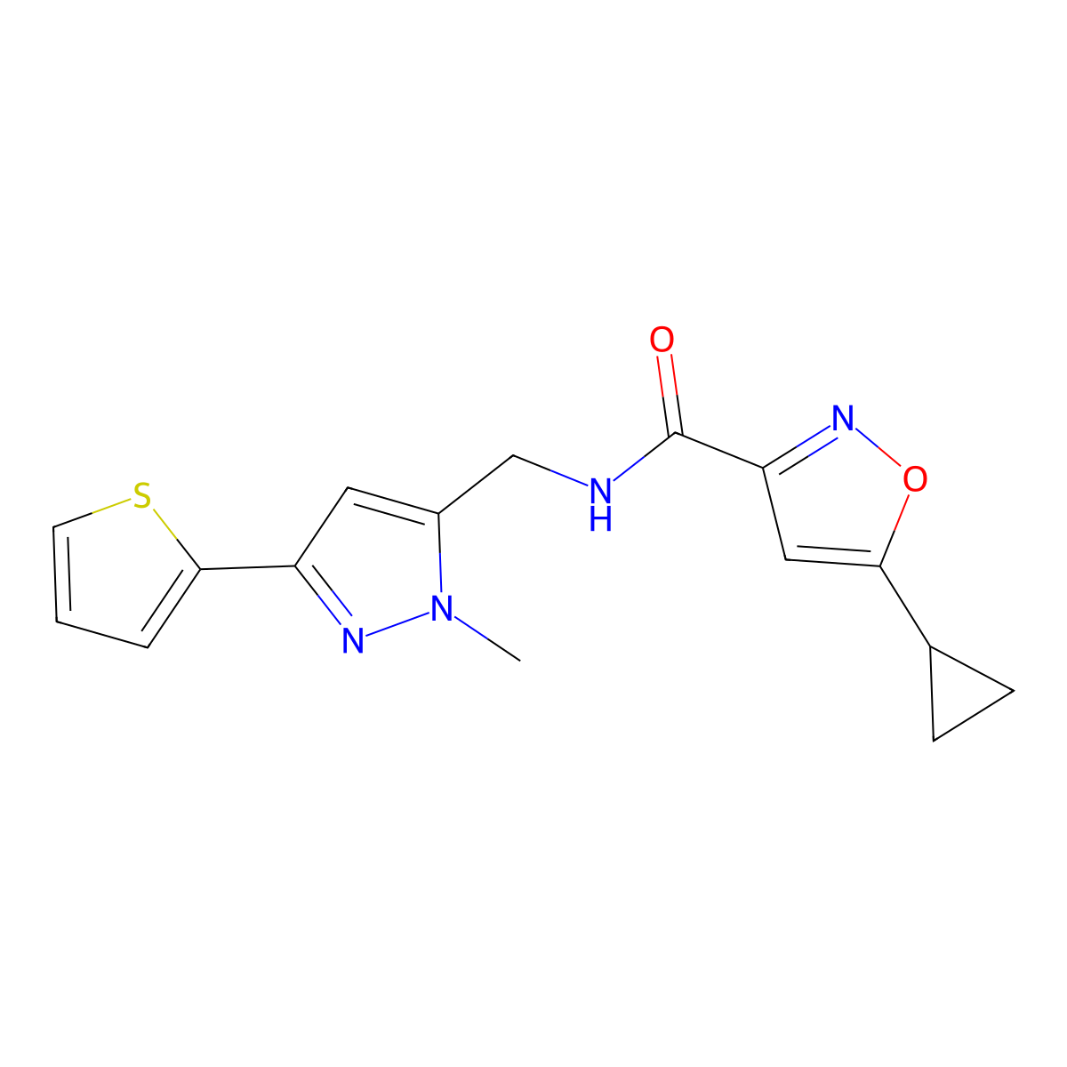 5-cyclopropyl-N-{[1-methyl-3-(thiophen-2-yl)-1H-pyrazol-5-yl]methyl}-1,2-oxazole-3-carboxamide molecular structure, CAS 2320536-50-1
