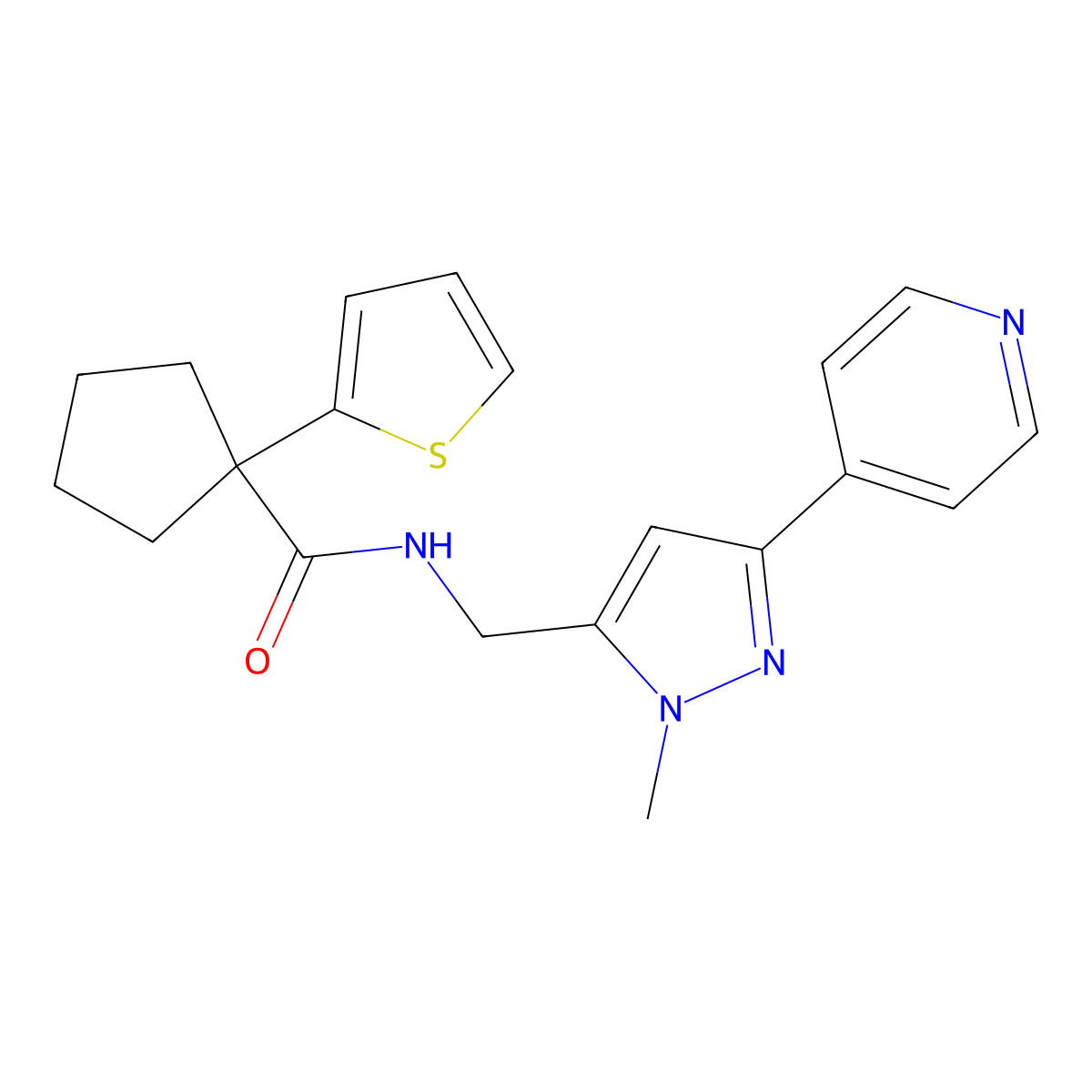 N-{[1-methyl-3-(pyridin-4-yl)-1H-pyrazol-5-yl]methyl}-1-(thiophen-2-yl)cyclopentane-1-carboxamide molecular structure, CAS 2320536-76-1