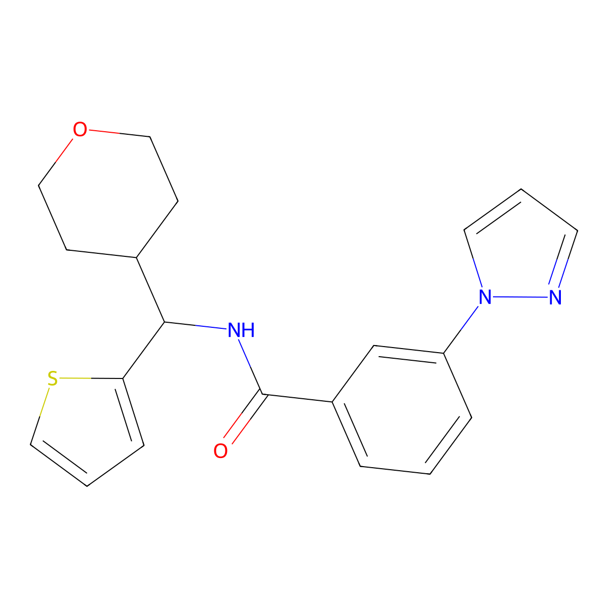 N-[(oxan-4-yl)(thiophen-2-yl)methyl]-3-(1H-pyrazol-1-yl)benzamide molecular structure, CAS 2320536-93-2