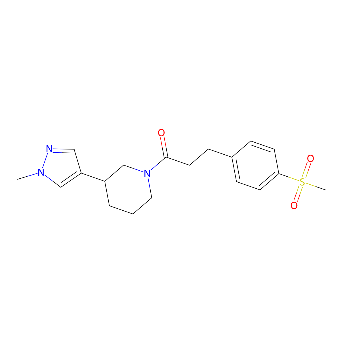 1-[3-(1-Methylpyrazol-4-yl)piperidin-1-yl]-3-(4-methylsulfonylphenyl)propan-1-one molecular structure, CAS 2320536-95-4