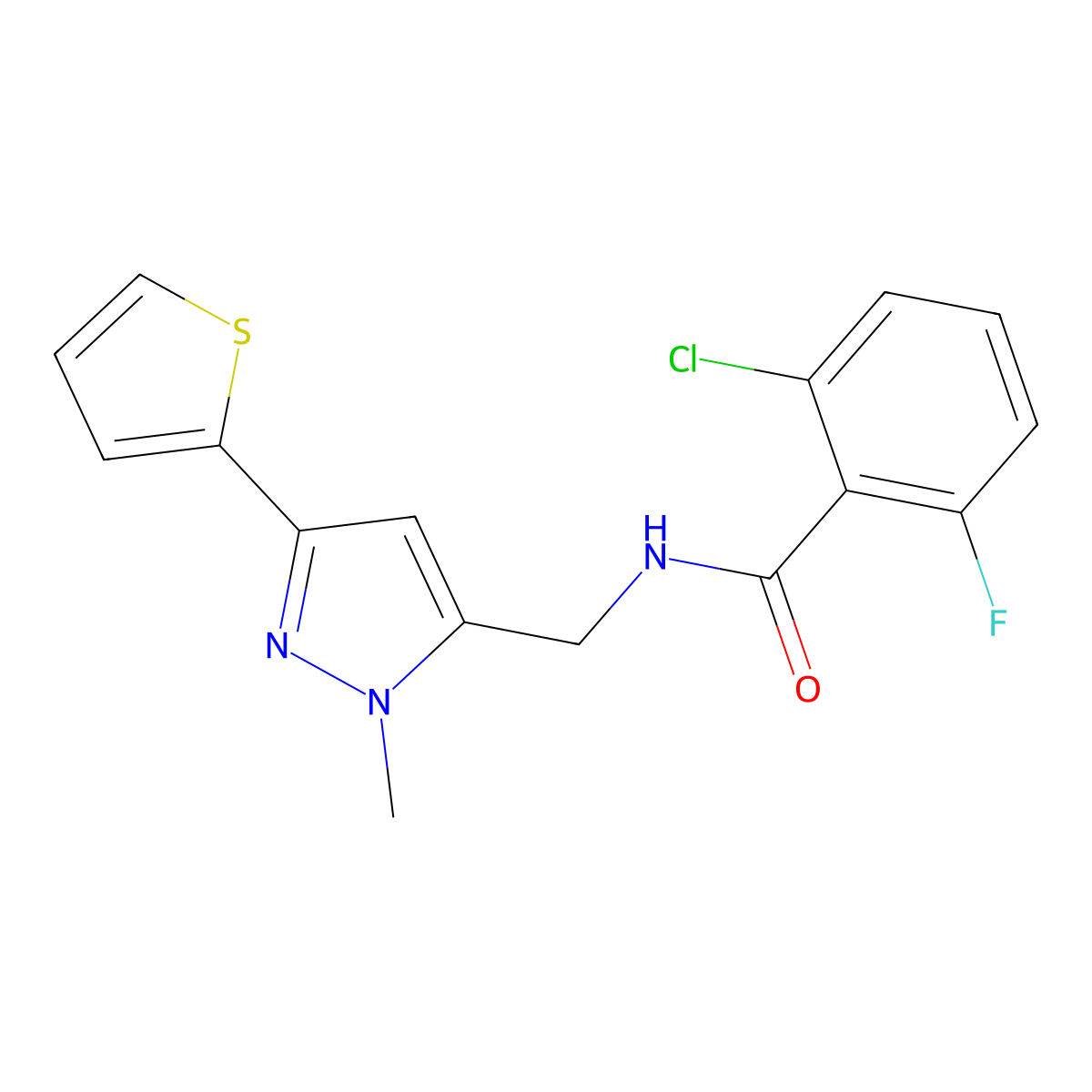 2-chloro-6-fluoro-N-{[1-methyl-3-(thiophen-2-yl)-1H-pyrazol-5-yl]methyl}benzamide molecular structure, CAS 2320537-23-1