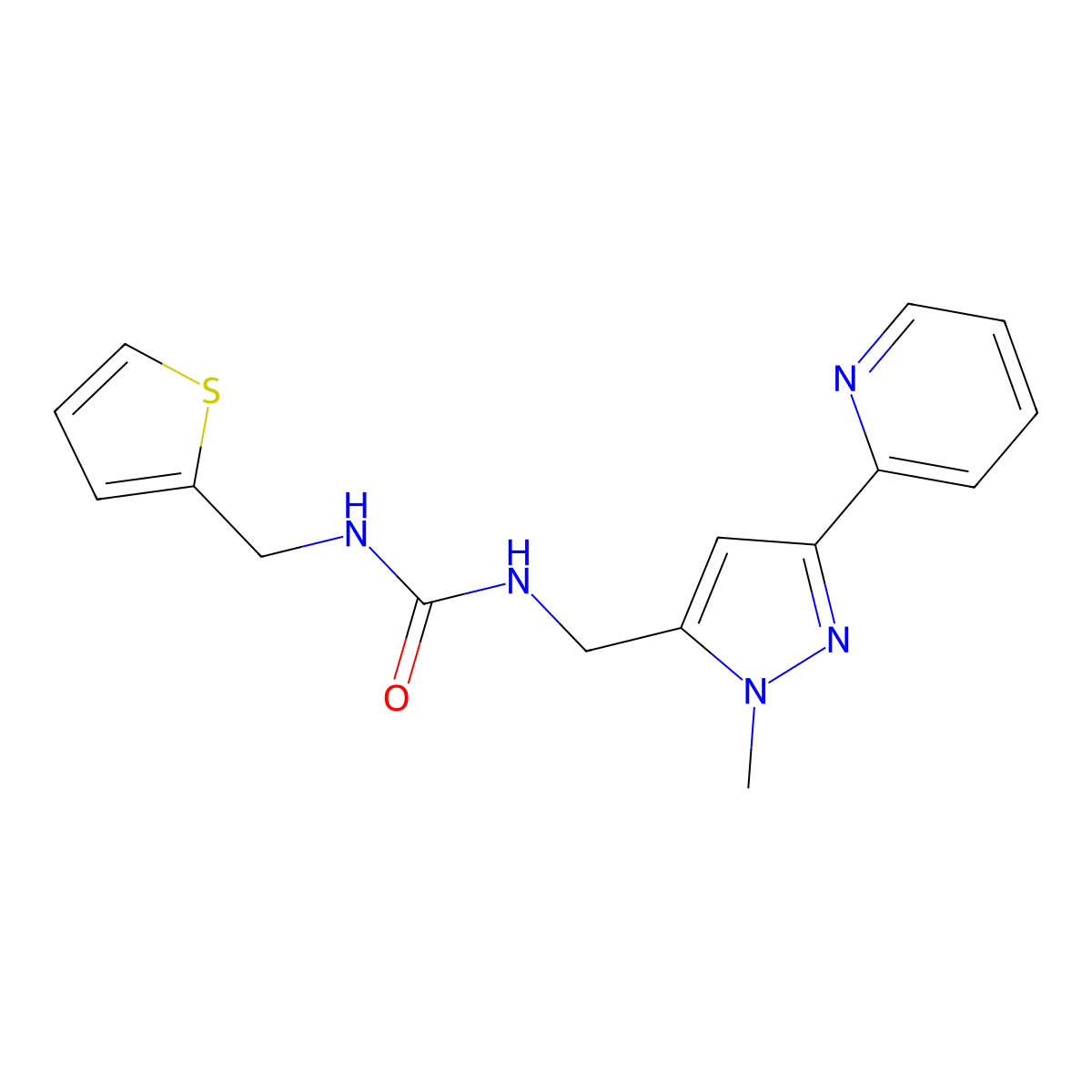 3-{[1-methyl-3-(pyridin-2-yl)-1H-pyrazol-5-yl]methyl}-1-[(thiophen-2-yl)methyl]urea molecular structure, CAS 2320537-30-0