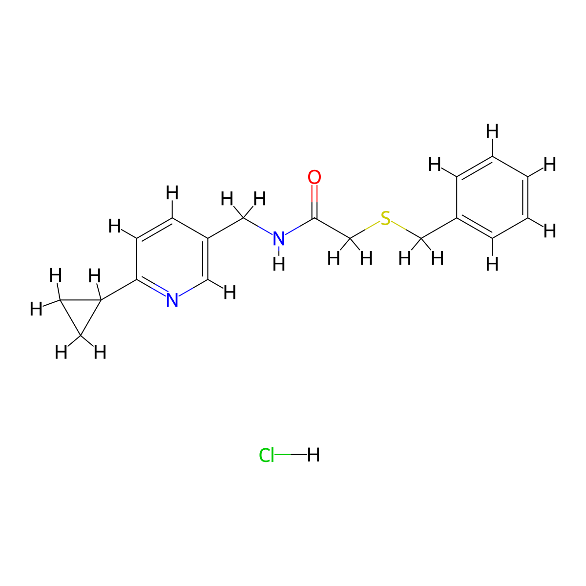 2-(benzylsulfanyl)-N-[(6-cyclopropylpyridin-3-yl)methyl]acetamide hydrochloride molecular structure, CAS 2320537-36-6