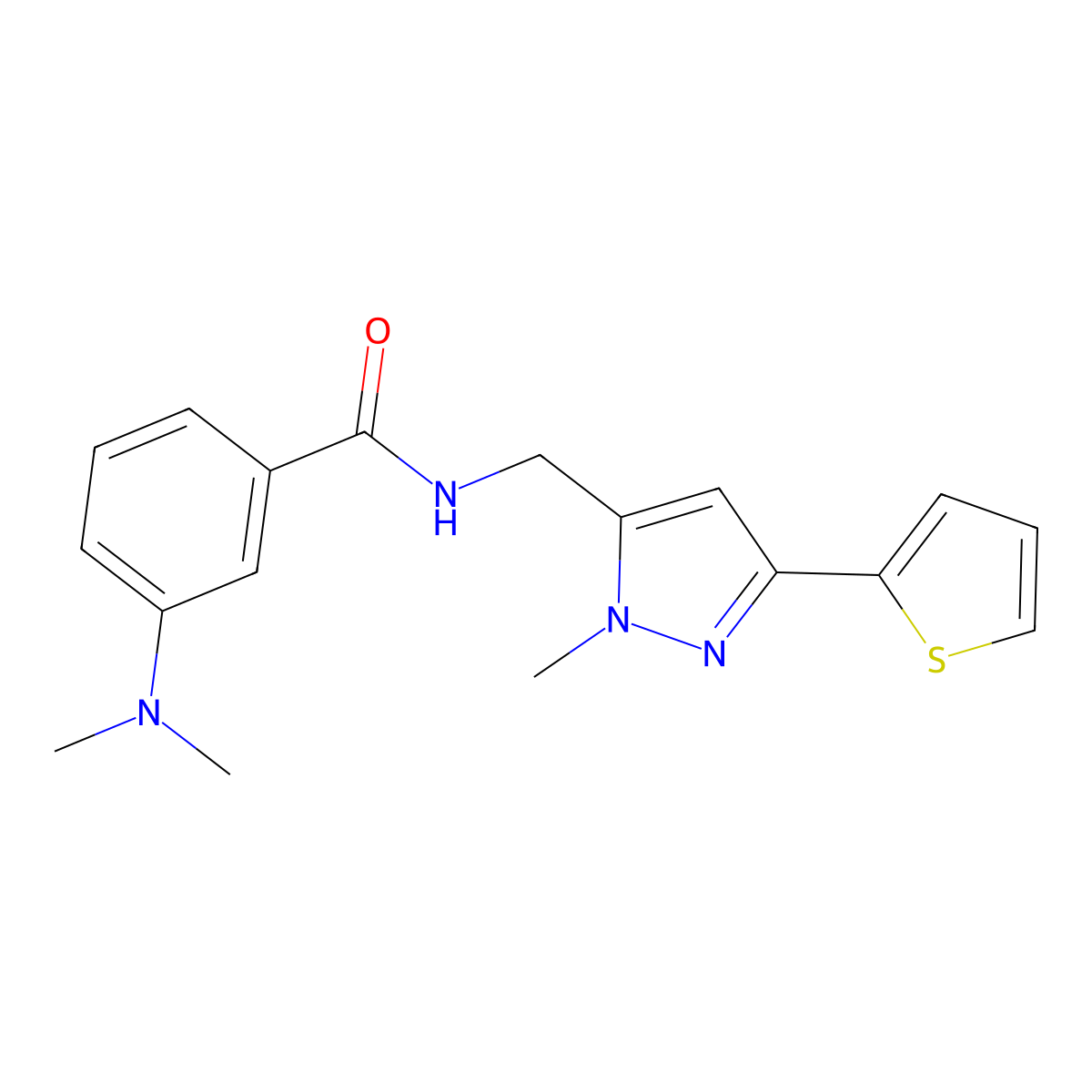 3-(dimethylamino)-N-{[1-methyl-3-(thiophen-2-yl)-1H-pyrazol-5-yl]methyl}benzamide molecular structure, CAS 2320537-49-1