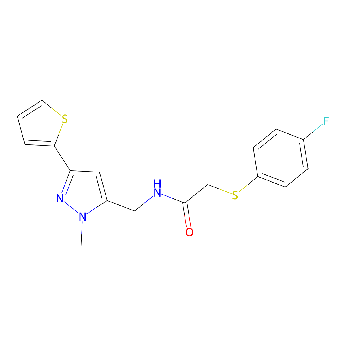 2-[(4-fluorophenyl)sulfanyl]-N-{[1-methyl-3-(thiophen-2-yl)-1H-pyrazol-5-yl]methyl}acetamide molecular structure, CAS 2320537-74-2