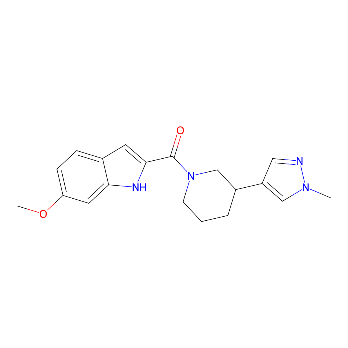 6-methoxy-2-[3-(1-methyl-1H-pyrazol-4-yl)piperidine-1-carbonyl]-1H-indole molecular structure, CAS 2320537-91-3