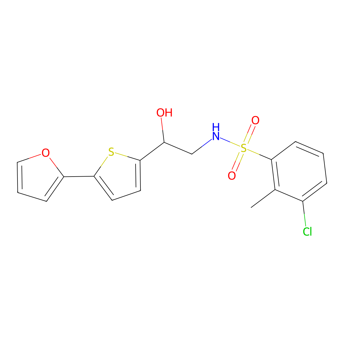 3-chloro-N-{2-[5-(furan-2-yl)thiophen-2-yl]-2-hydroxyethyl}-2-methylbenzene-1-sulfonamide molecular structure, CAS 2320538-01-8