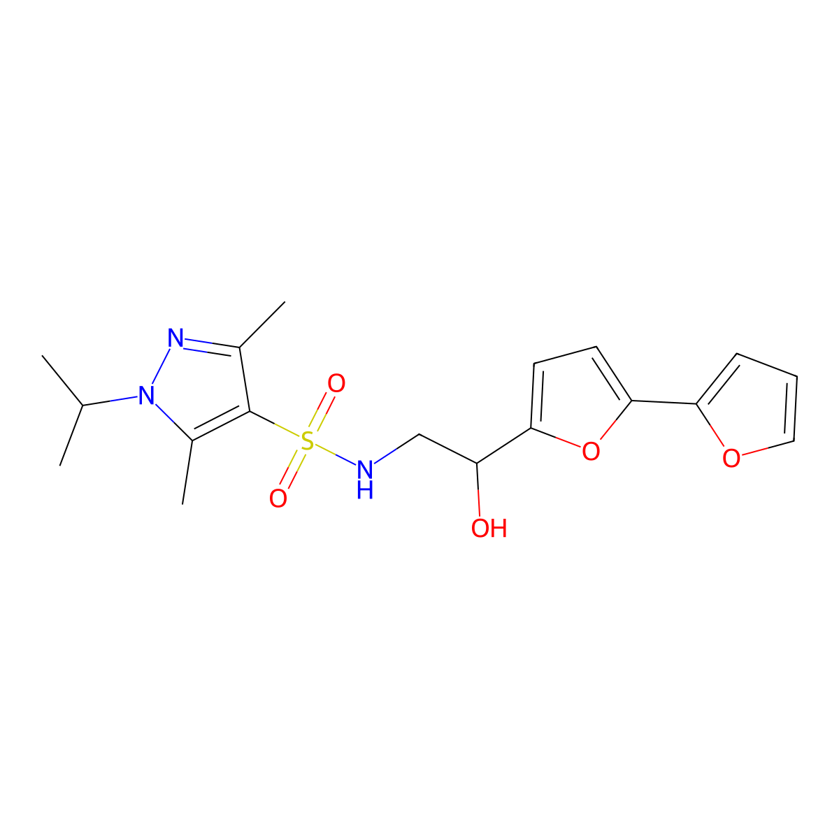 N-(2-{[2,2'-bifuran]-5-yl}-2-hydroxyethyl)-3,5-dimethyl-1-(propan-2-yl)-1H-pyrazole-4-sulfonamide molecular structure, CAS 2320538-08-5
