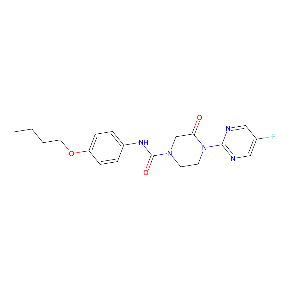N-(4-butoxyphenyl)-4-(5-fluoropyrimidin-2-yl)-3-oxopiperazine-1-carboxamide molecular structure, CAS 2320538-14-3