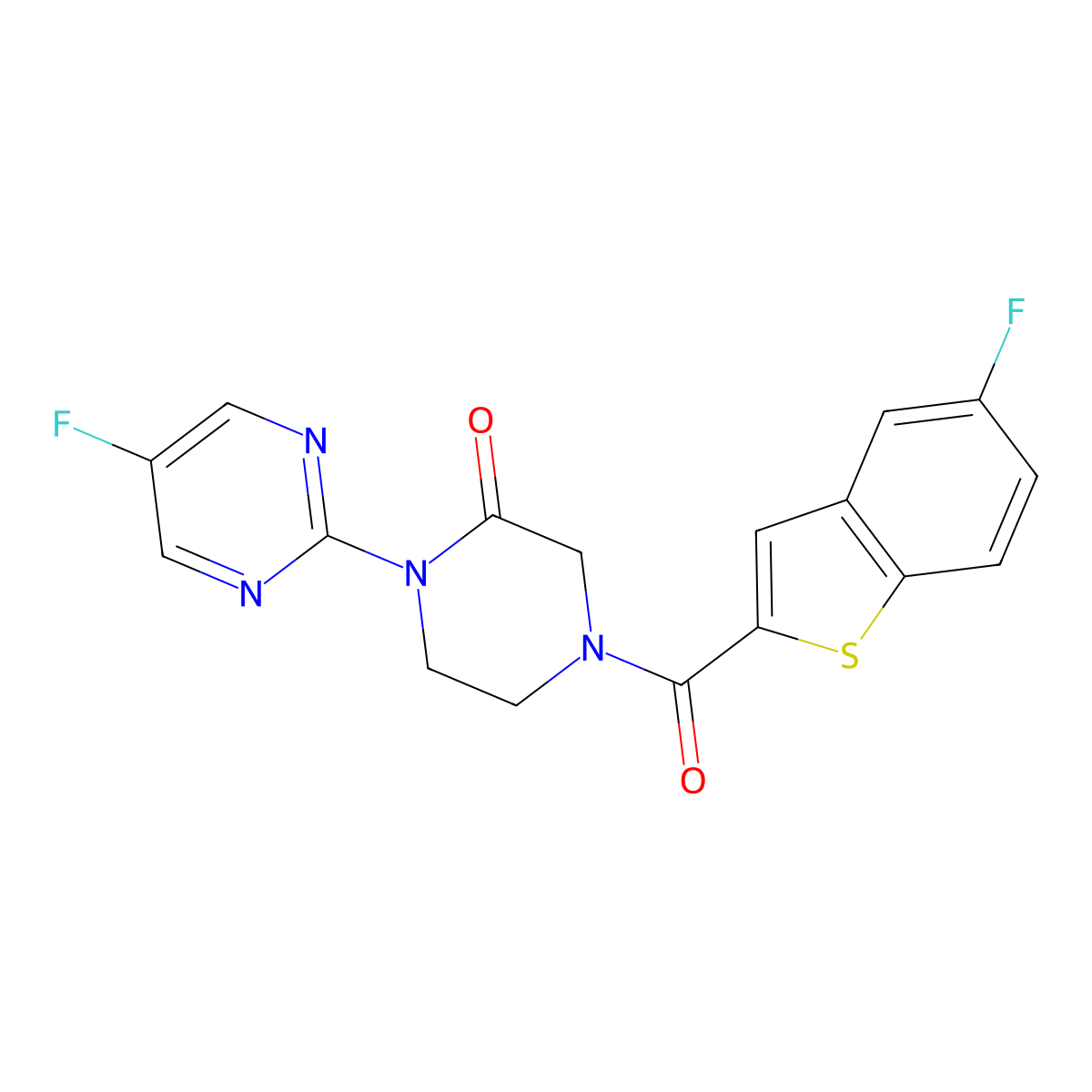 4-(5-Fluoro-1-benzothiophene-2-carbonyl)-1-(5-fluoropyrimidin-2-yl)piperazin-2-one molecular structure, CAS 2320538-23-4