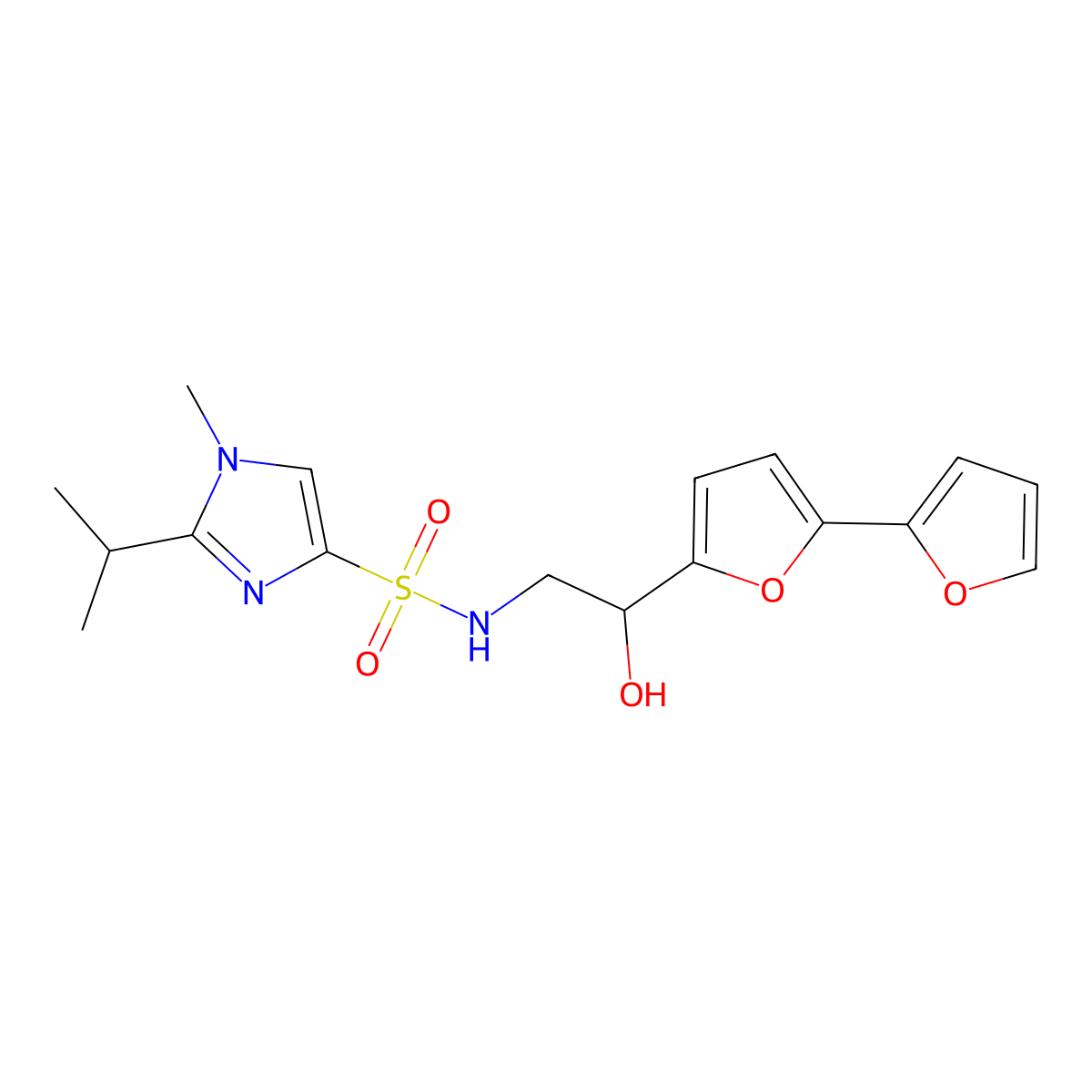 N-(2-{[2,2'-bifuran]-5-yl}-2-hydroxyethyl)-1-methyl-2-(propan-2-yl)-1H-imidazole-4-sulfonamide molecular structure, CAS 2320538-27-8