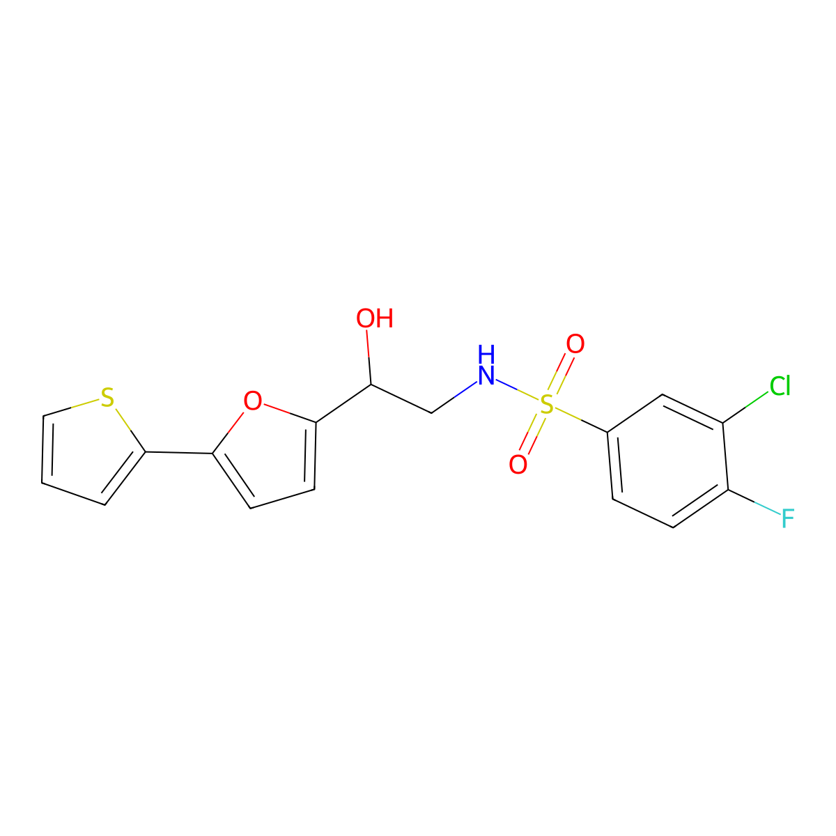 3-chloro-4-fluoro-N-{2-hydroxy-2-[5-(thiophen-2-yl)furan-2-yl]ethyl}benzene-1-sulfonamide molecular structure, CAS 2320538-75-6
