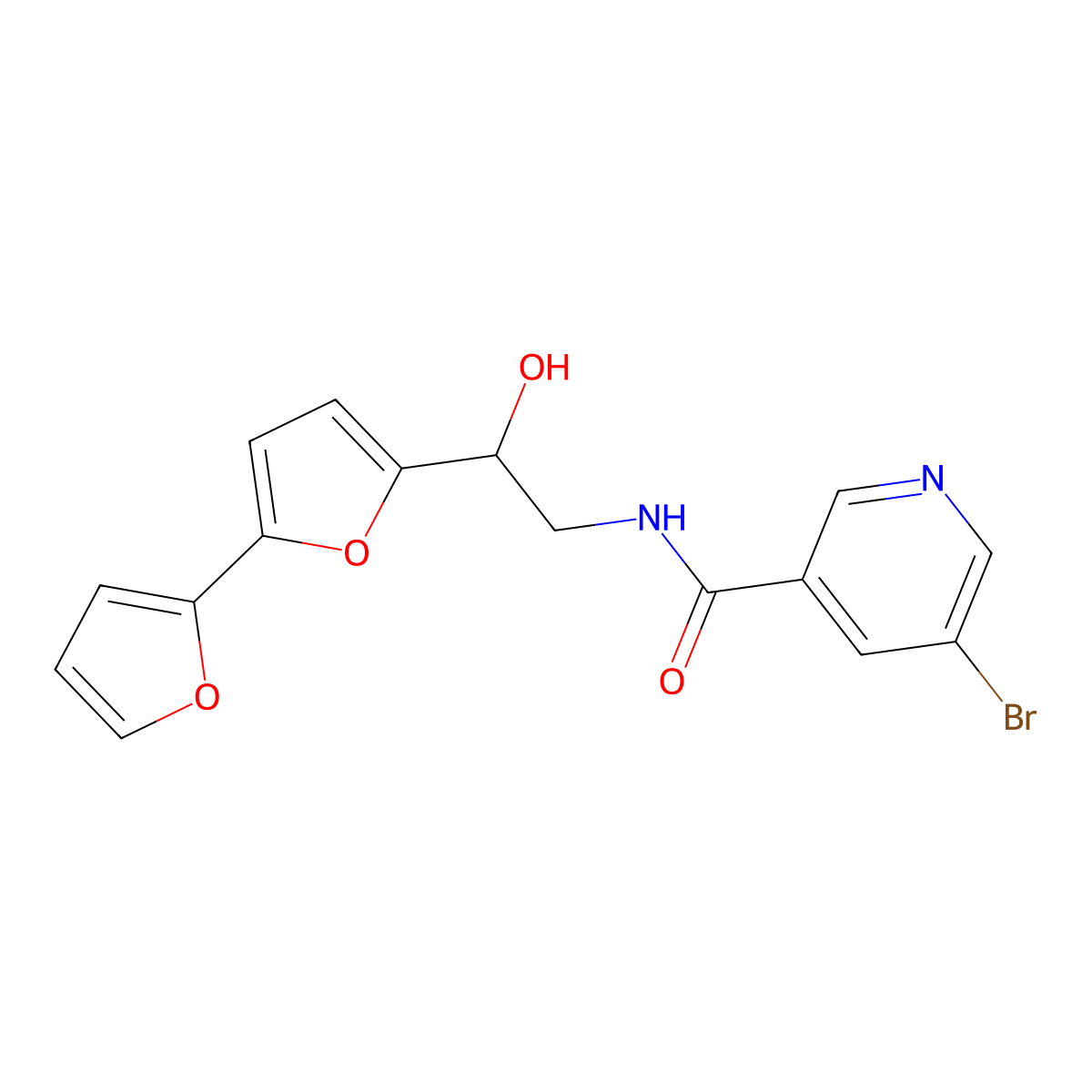 N-(2-{[2,2'-bifuran]-5-yl}-2-hydroxyethyl)-5-bromopyridine-3-carboxamide molecular structure, CAS 2320538-80-3