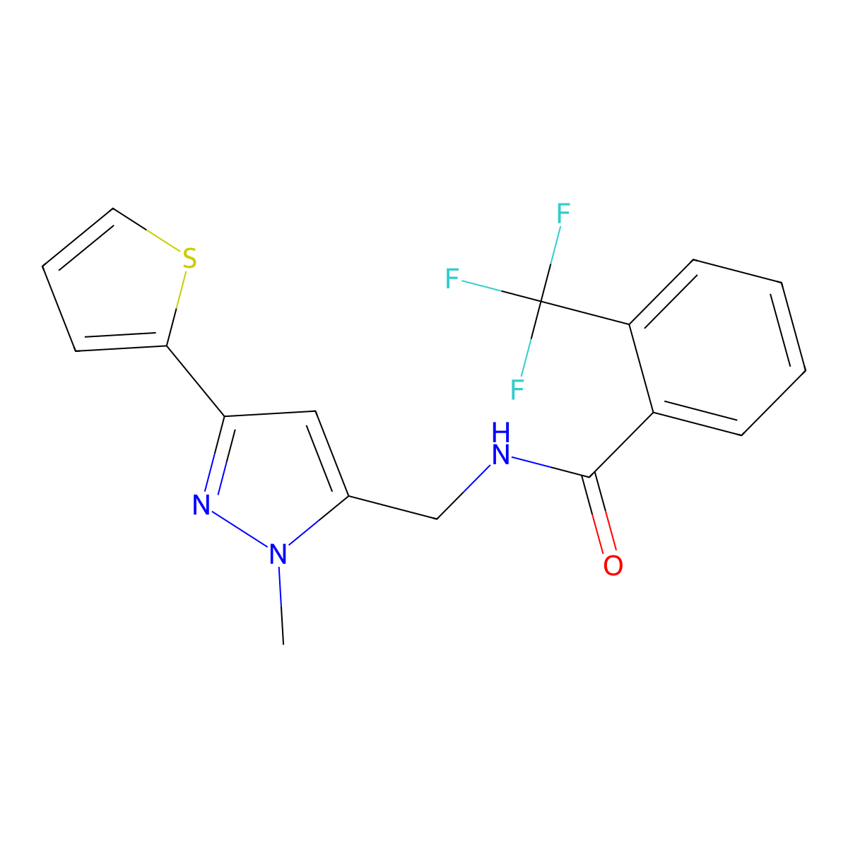 N-{[1-methyl-3-(thiophen-2-yl)-1H-pyrazol-5-yl]methyl}-2-(trifluoromethyl)benzamide molecular structure, CAS 2320538-97-2