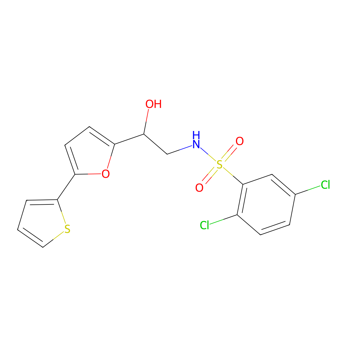2,5-dichloro-N-{2-hydroxy-2-[5-(thiophen-2-yl)furan-2-yl]ethyl}benzene-1-sulfonamide molecular structure, CAS 2320538-98-3