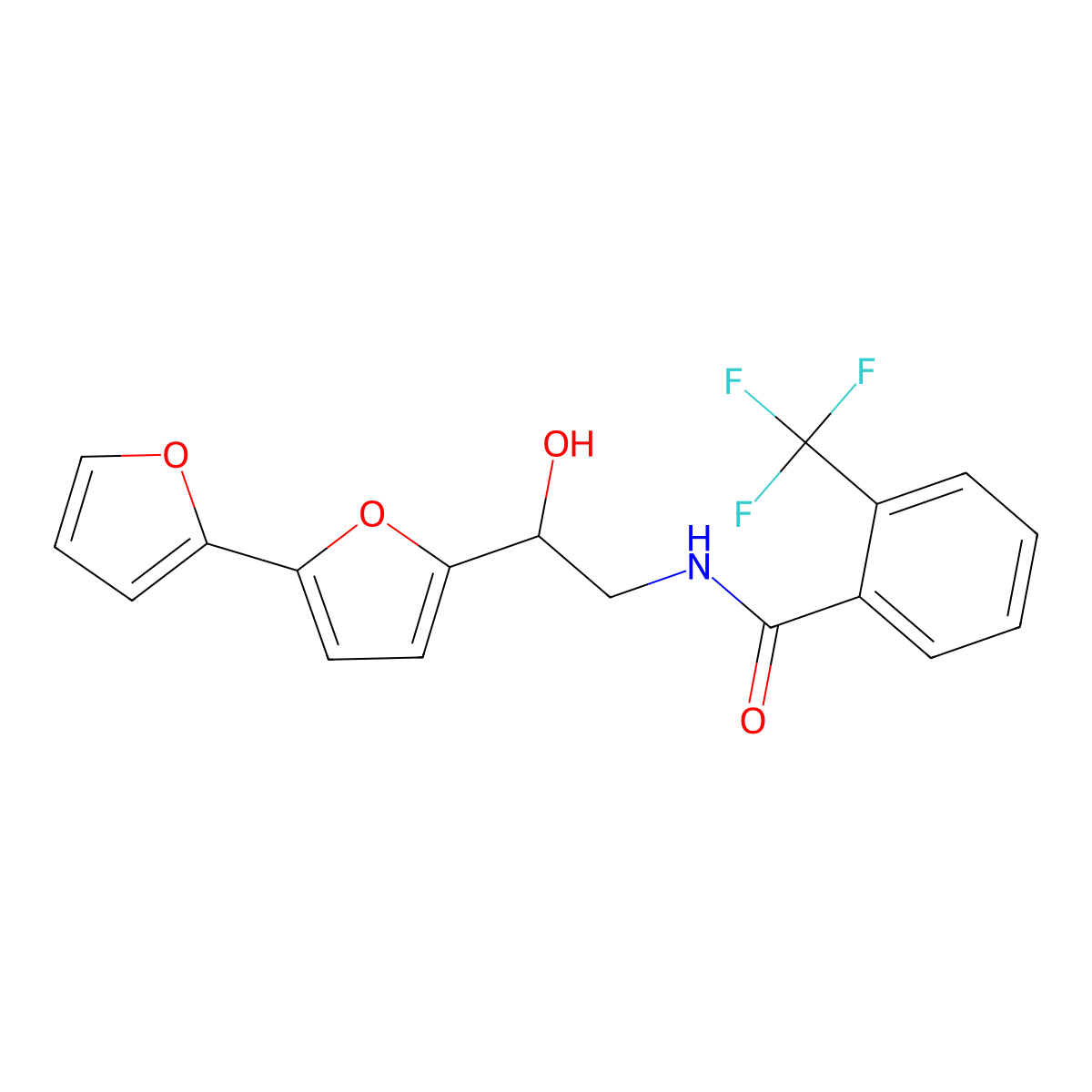 N-(2-{[2,2'-bifuran]-5-yl}-2-hydroxyethyl)-2-(trifluoromethyl)benzamide molecular structure, CAS 2320539-33-9