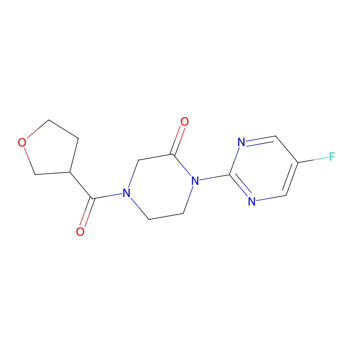 1-(5-Fluoropyrimidin-2-yl)-4-(oxolane-3-carbonyl)piperazin-2-one molecular structure, CAS 2320539-50-0