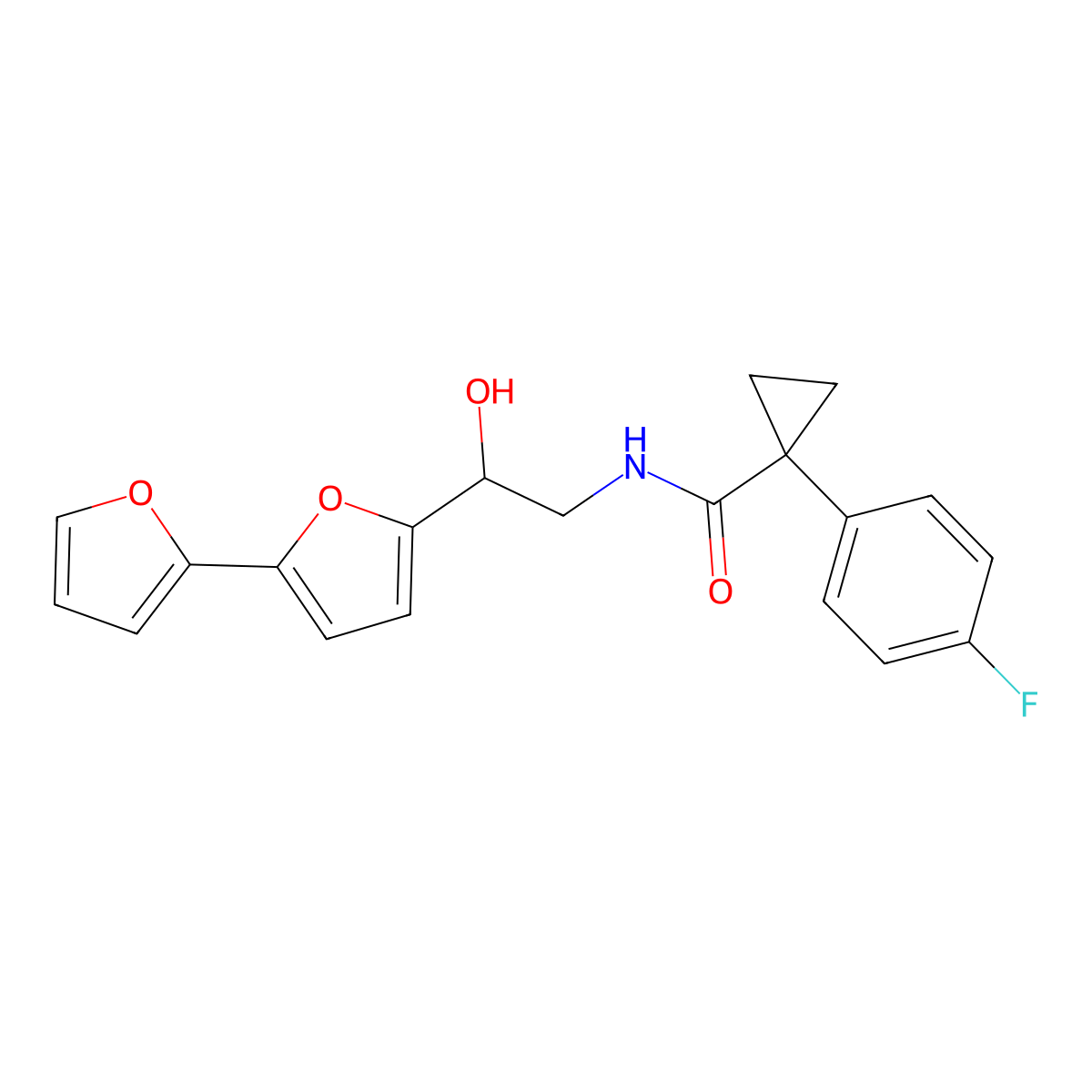 N-(2-{[2,2'-bifuran]-5-yl}-2-hydroxyethyl)-1-(4-fluorophenyl)cyclopropane-1-carboxamide molecular structure, CAS 2320539-92-0