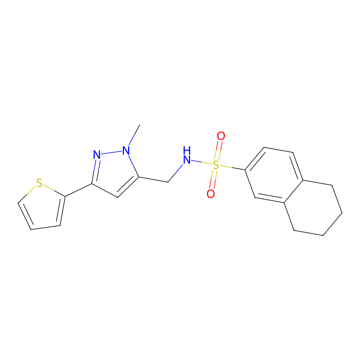N-{[1-methyl-3-(thiophen-2-yl)-1H-pyrazol-5-yl]methyl}-5,6,7,8-tetrahydronaphthalene-2-sulfonamide molecular structure, CAS 2320543-69-7