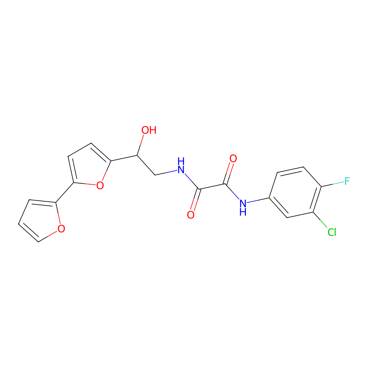 N-(2-{[2,2'-bifuran]-5-yl}-2-hydroxyethyl)-N'-(3-chloro-4-fluorophenyl)ethanediamide molecular structure, CAS 2320543-96-0