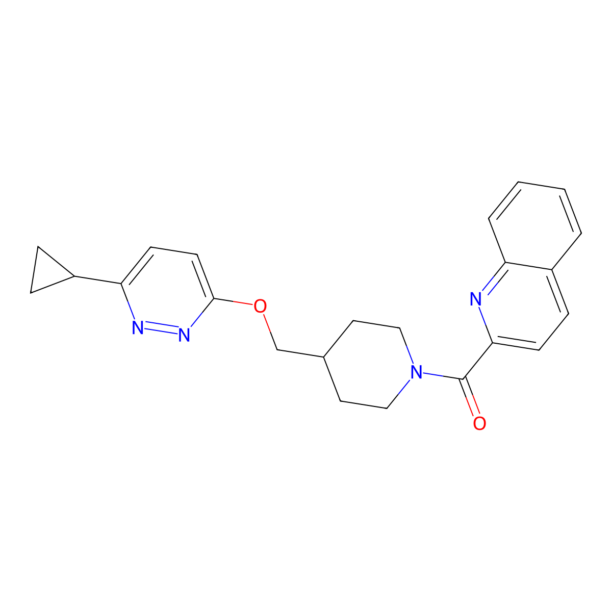 2-(4-{[(6-Cyclopropylpyridazin-3-yl)oxy]methyl}piperidine-1-carbonyl)quinoline molecular structure, CAS 2320544-34-9