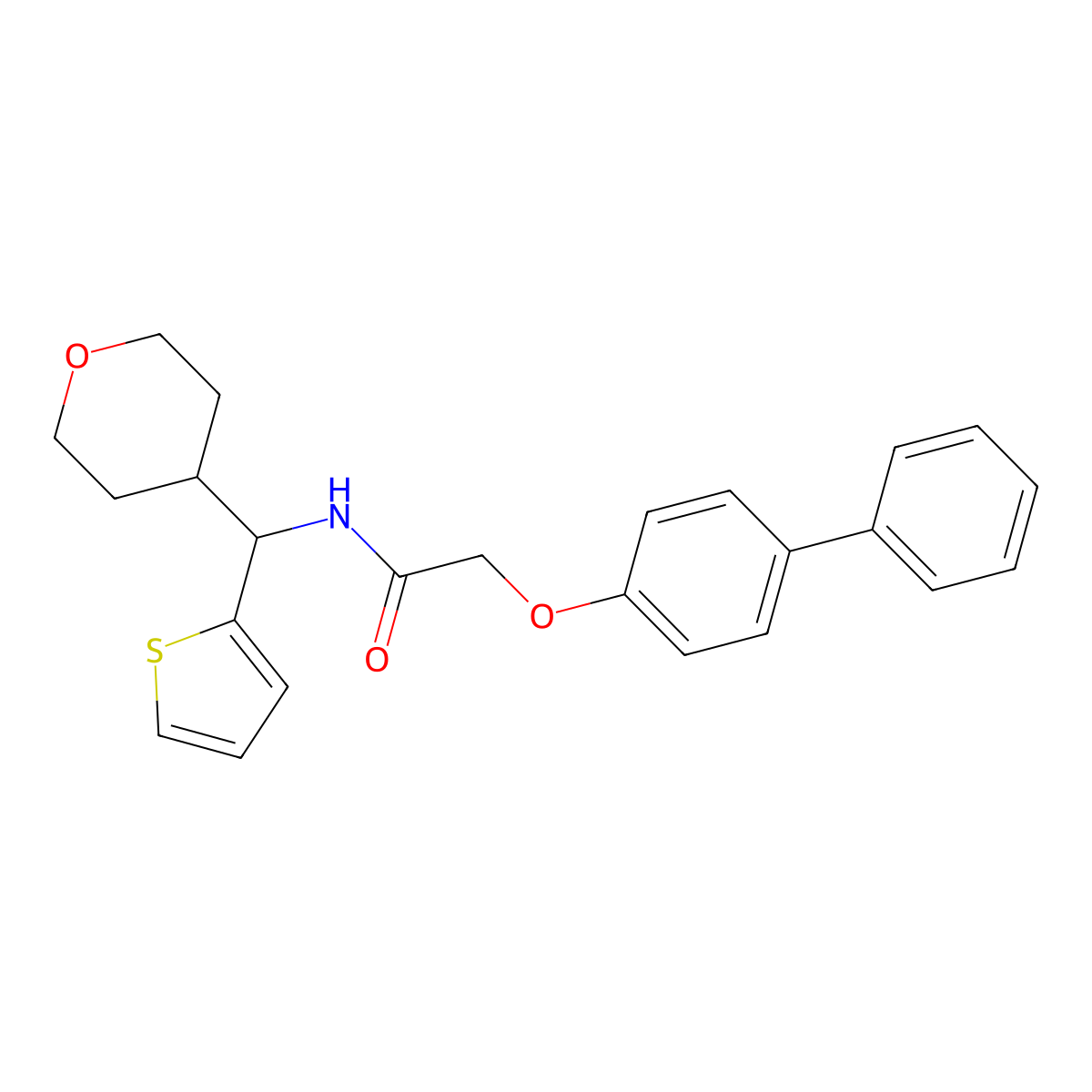 2-{[1,1'-biphenyl]-4-yloxy}-N-[(oxan-4-yl)(thiophen-2-yl)methyl]acetamide molecular structure, CAS 2320544-76-9