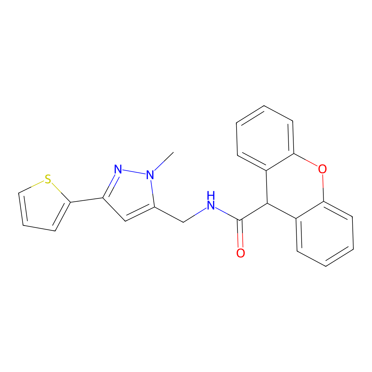 N-{[1-methyl-3-(thiophen-2-yl)-1H-pyrazol-5-yl]methyl}-9H-xanthene-9-carboxamide molecular structure, CAS 2320545-76-2