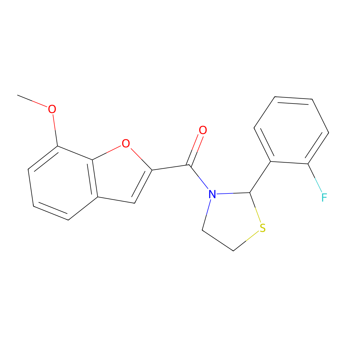 2-(2-Fluorophenyl)-3-(7-methoxy-1-benzofuran-2-carbonyl)-1,3-thiazolidine molecular structure, CAS 2320546-50-5